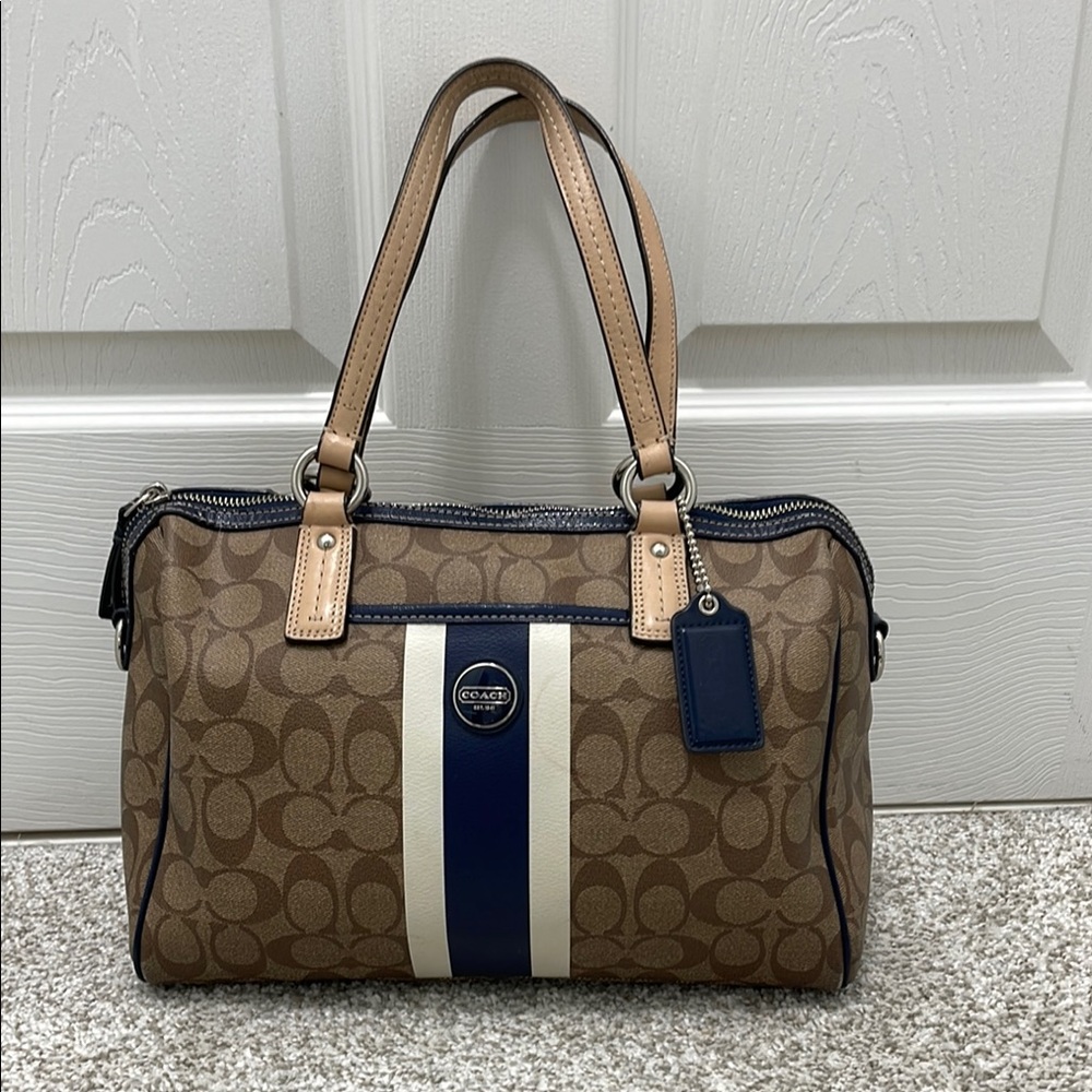 Coach Signature Stripe Satchel - Brown and Navy